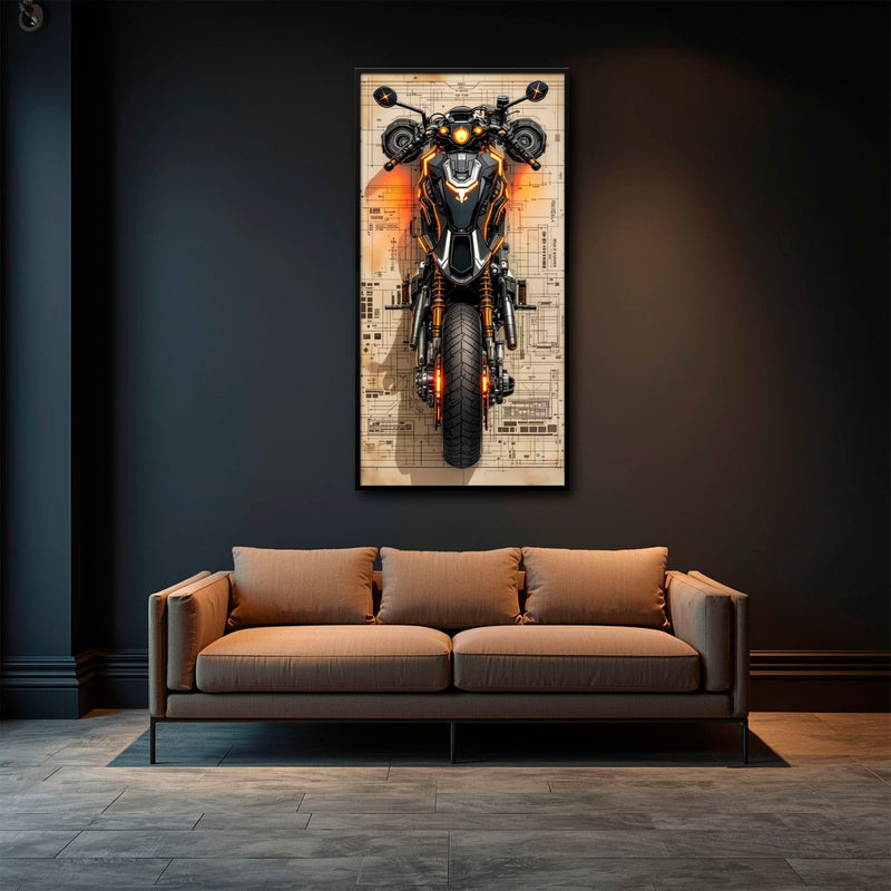 Blueprint Canvas Print – Cyberpunk Motorcycle Wall Art-Retro Bike Art Motorcycle