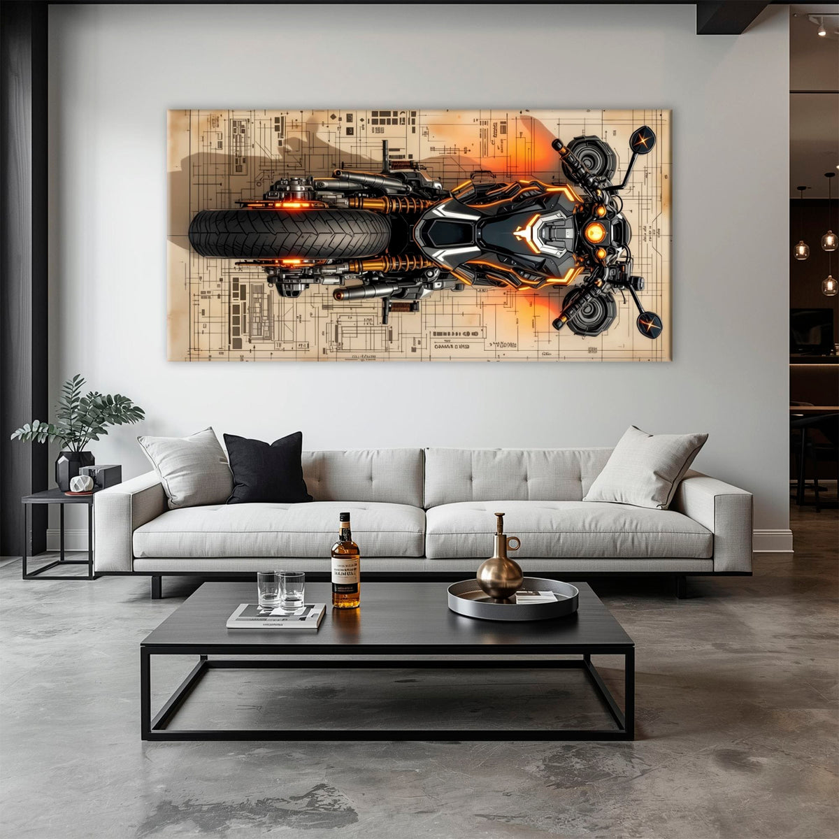 Blueprint Canvas Print – Cyberpunk Motorcycle Wall Art-Retro Bike Art Motorcycle