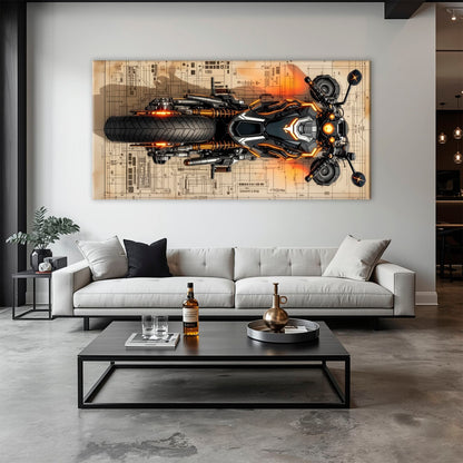 Blueprint Canvas Print – Cyberpunk Motorcycle Wall Art-Retro Bike Art Motorcycle