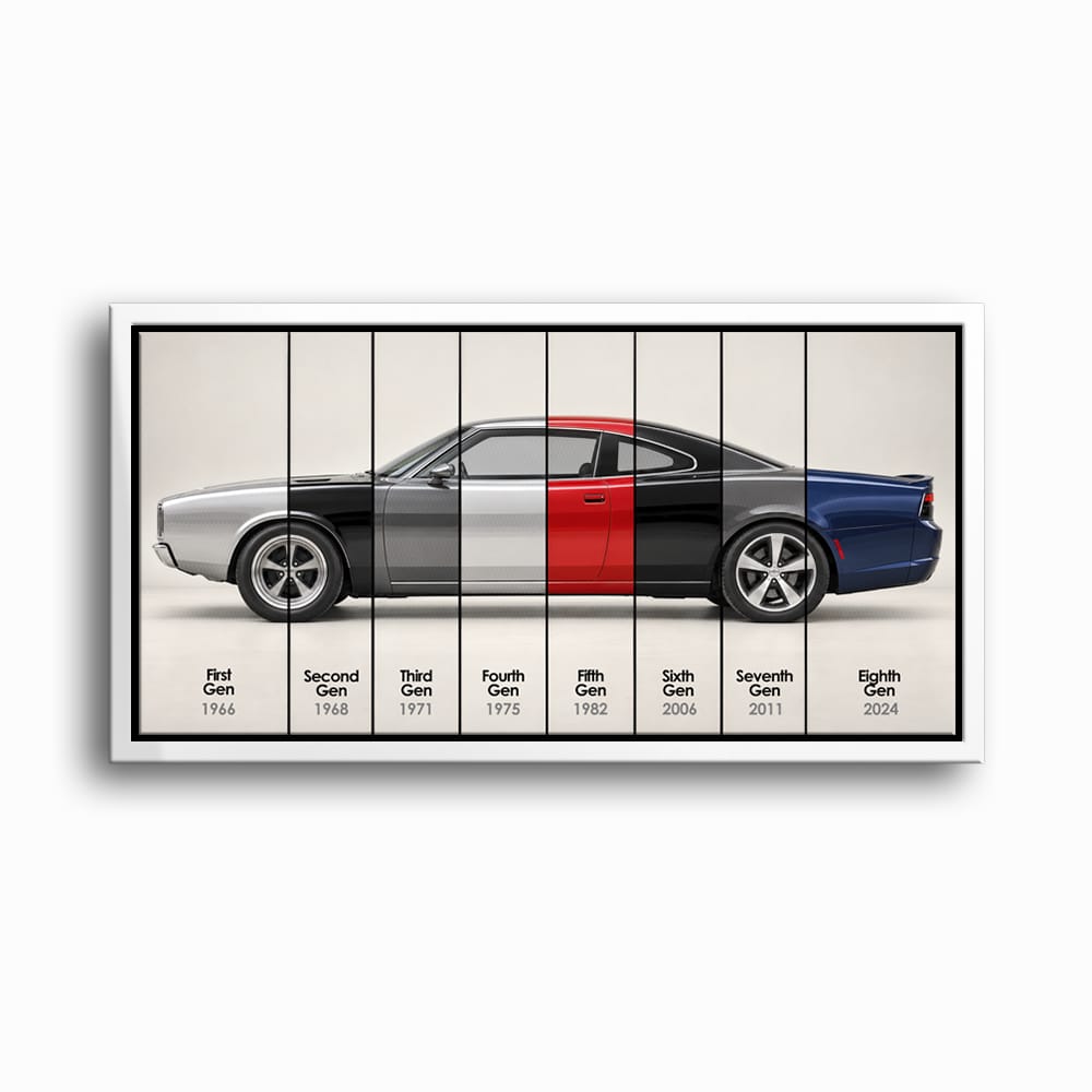 Dodge Charger Evolution Wall Art | Muscle Car Print | Caveson Framed Canvas / 12х24 / White Cars