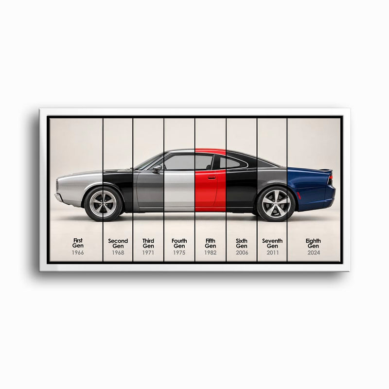 Dodge Charger Evolution Wall Art | Muscle Car Print | Caveson Framed Canvas / 12х24 / White Cars