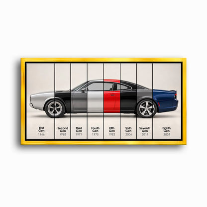 Dodge Charger Evolution Wall Art | Muscle Car Print | Caveson Framed Canvas / 12х24 / Gold Cars