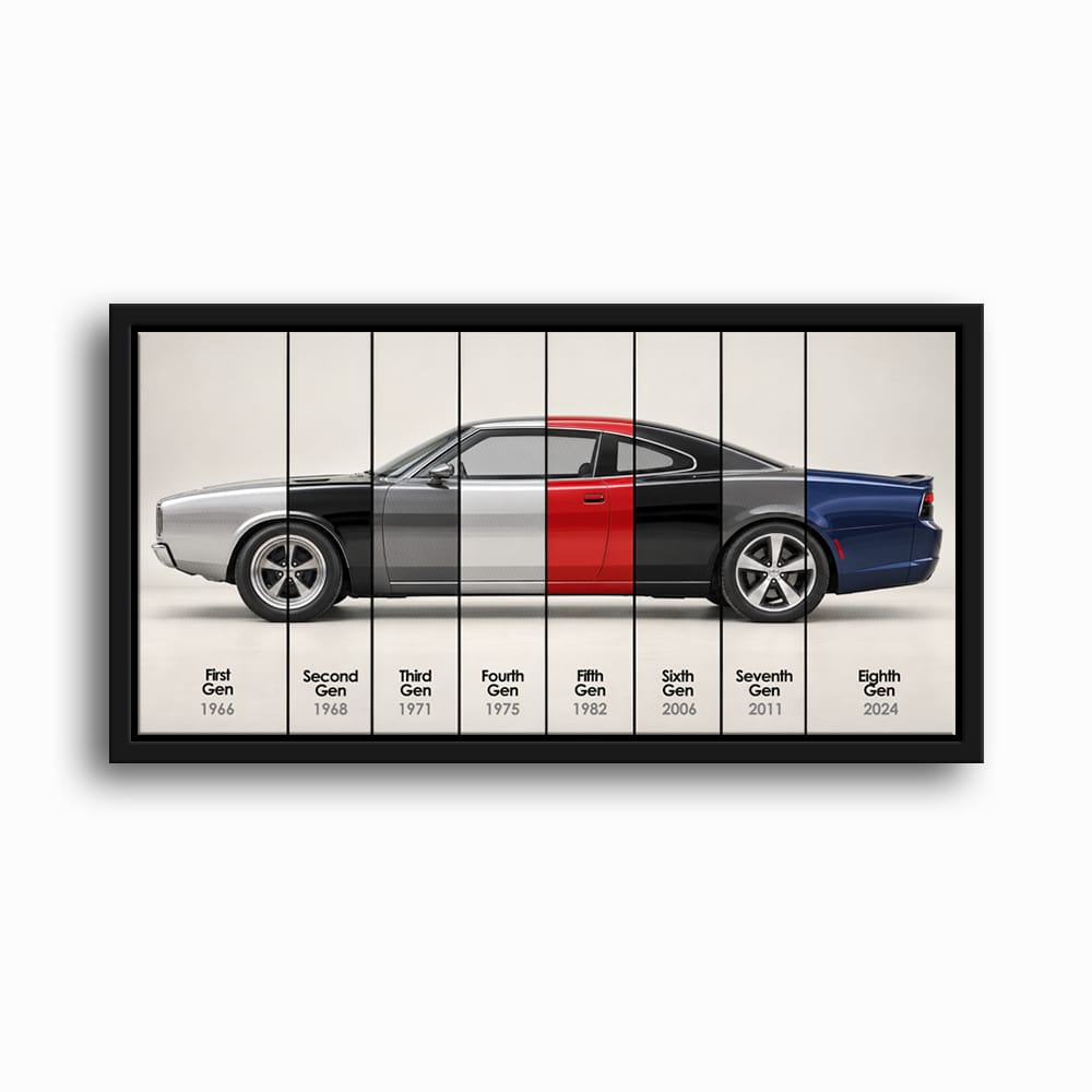 Dodge Charger Evolution Wall Art | Muscle Car Print | Caveson Framed Canvas / 12х24 / Black Cars