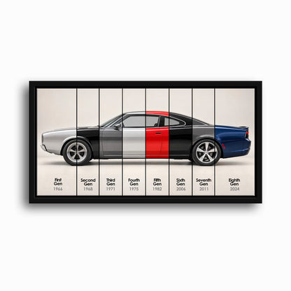Dodge Charger Evolution Wall Art | Muscle Car Print | Caveson Framed Canvas / 12х24 / Black Cars