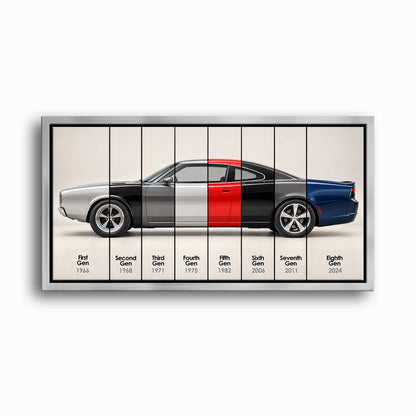 Dodge Charger Evolution Wall Art | Muscle Car Print | Caveson Framed Canvas / 12х24 / Silver Cars