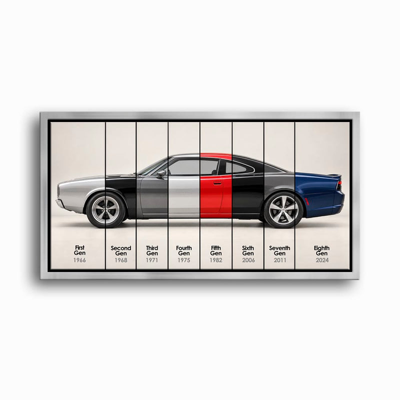 Dodge Charger Evolution Wall Art | Muscle Car Print | Caveson Framed Canvas / 12х24 / Silver Cars