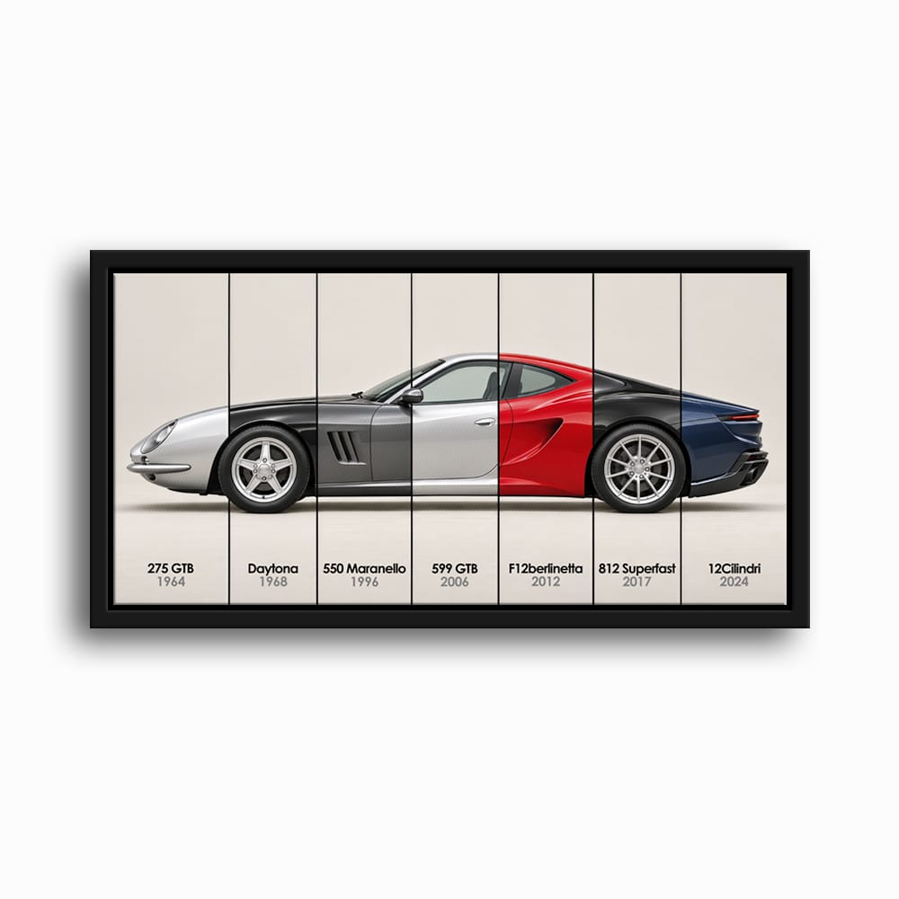 Ferrari V12 Evolution Poster & Canvas Wall Art | Caveson Framed Canvas / 12х24 / Black Cars