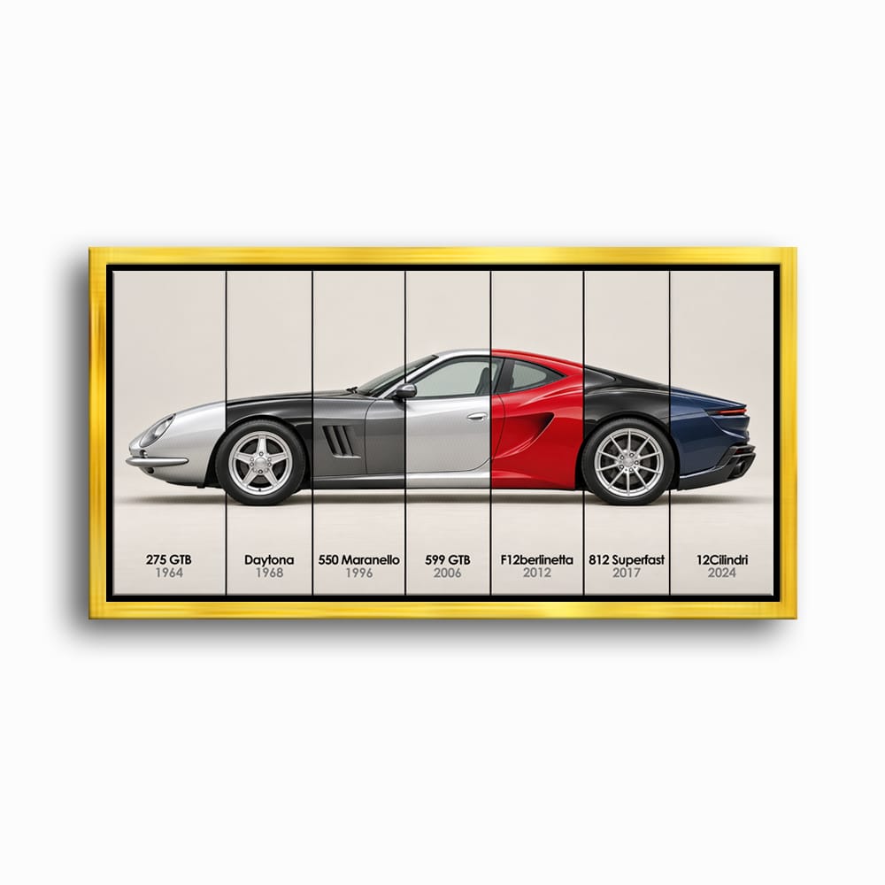 Ferrari V12 Evolution Poster & Canvas Wall Art | Caveson Framed Canvas / 12х24 / Gold Cars