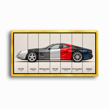 Ferrari V12 Evolution Poster & Canvas Wall Art | Caveson Framed Canvas / 12х24 / Gold Cars