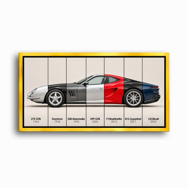 Ferrari V12 Evolution Poster & Canvas Wall Art | Caveson Framed Canvas / 12х24 / Gold Cars