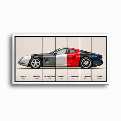 Ferrari V12 Evolution Poster & Canvas Wall Art | Caveson Framed Canvas / 12х24 / White Cars