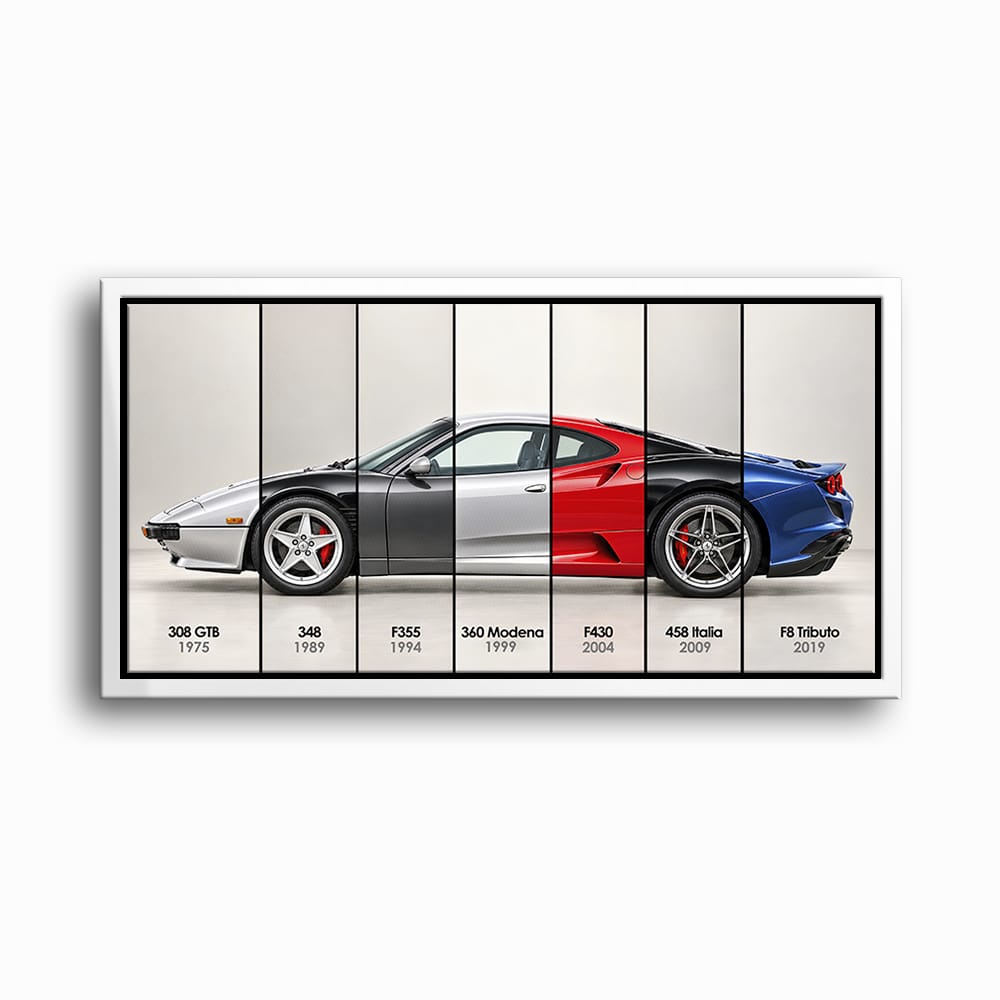 Ferrari V8 Evolution Poster & Canvas Wall Art | Caveson Framed Canvas / 12х24 / White Cars