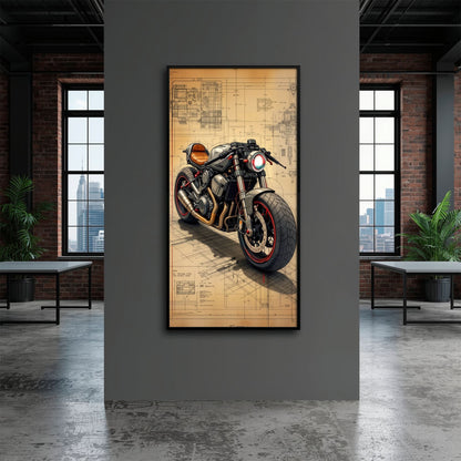 Blueprint Canvas Print – Cafe Racer Motorcycle Mechanical Soul Wall Art Motorcycle