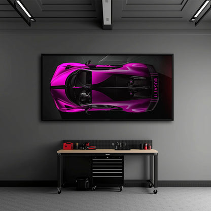 Bugatti Magenta Strike Wall Art – Pink Top View Hypercar Canvas Print Cars