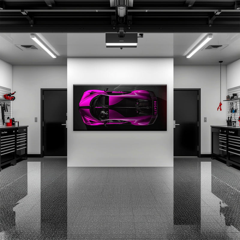 Bugatti Magenta Strike Wall Art – Pink Top View Hypercar Canvas Print Cars
