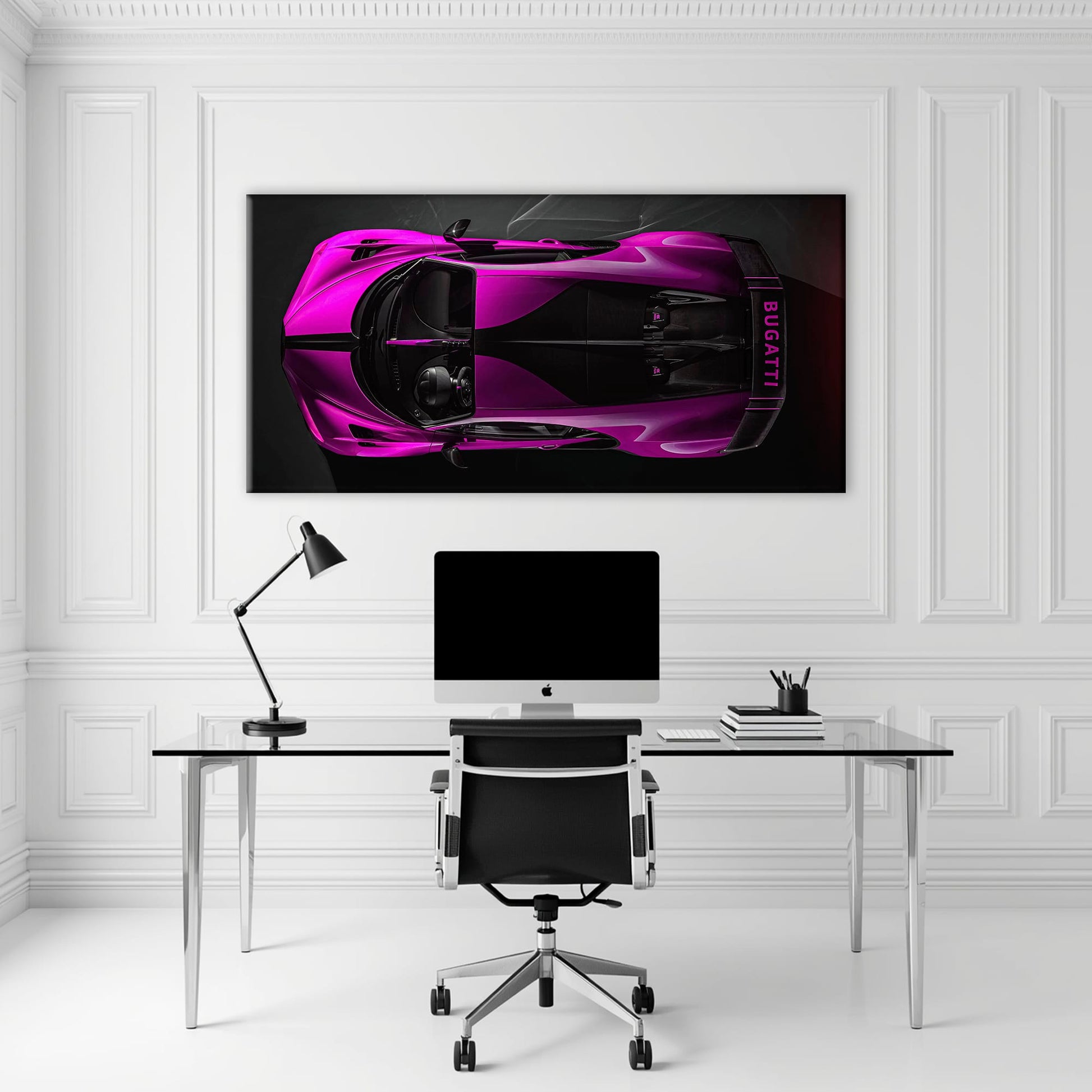 Bugatti Magenta Strike Wall Art – Pink Top View Hypercar Canvas Print Cars