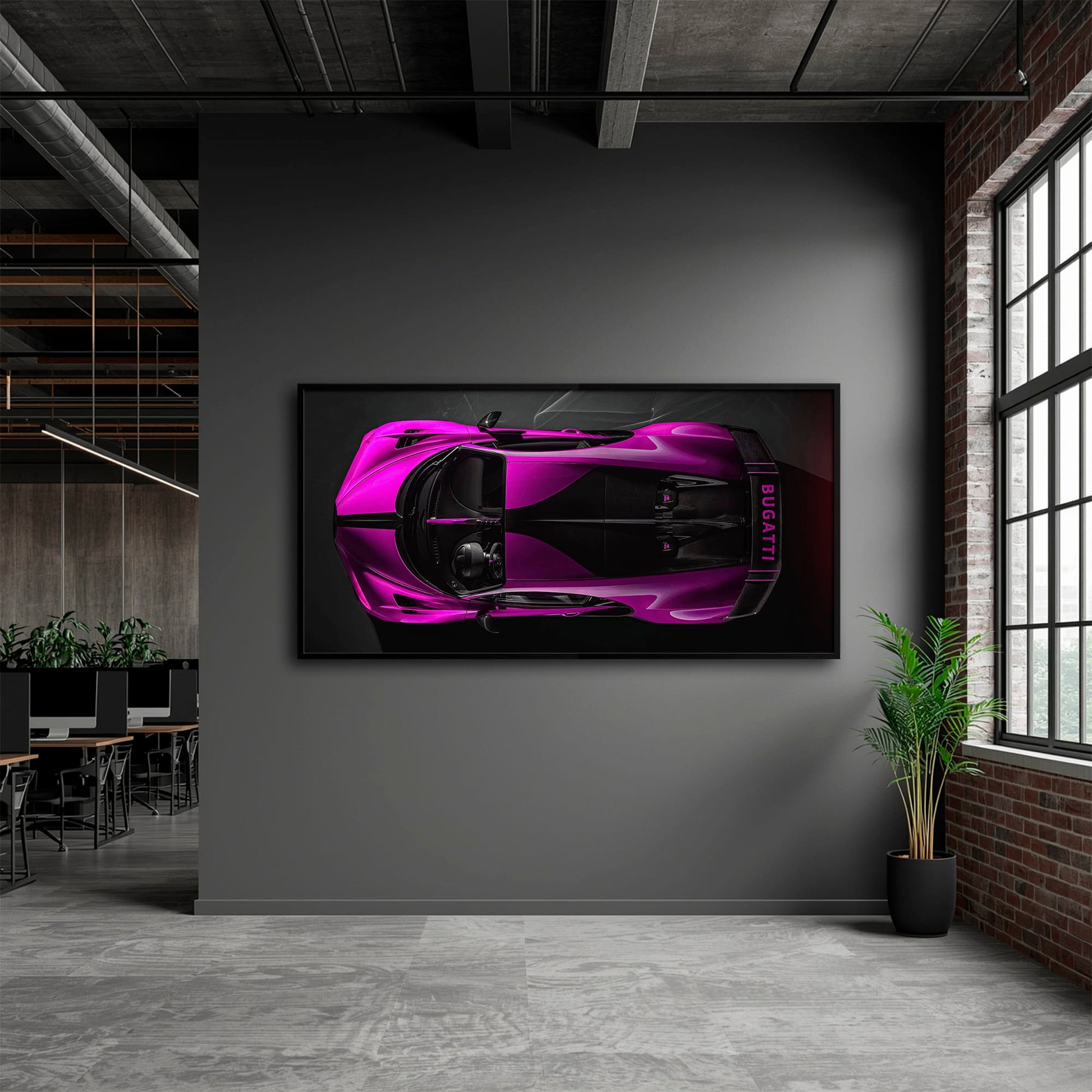 Bugatti Magenta Strike Wall Art – Pink Top View Hypercar Canvas Print Cars