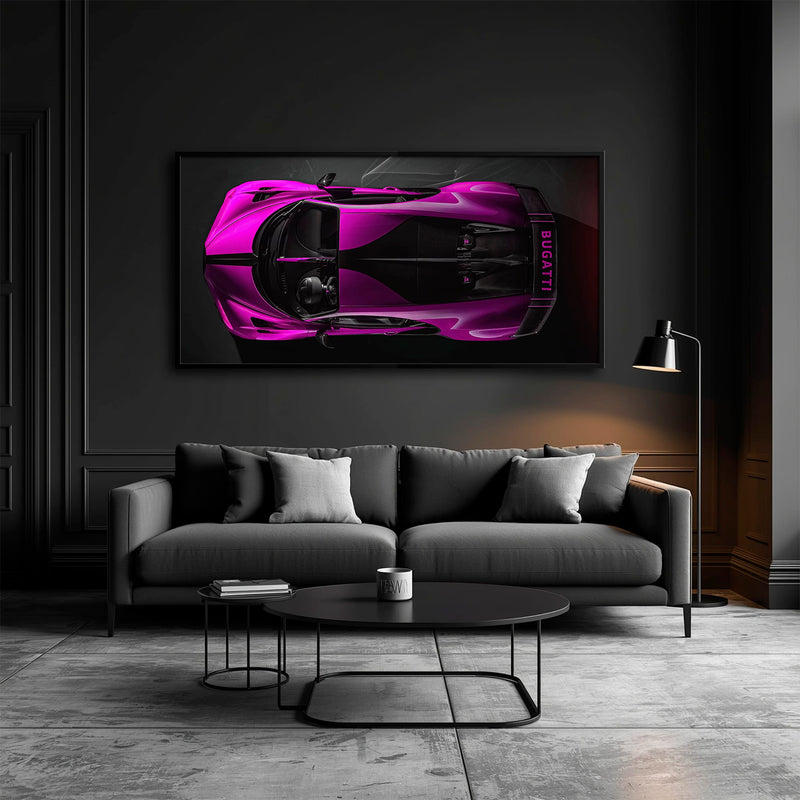 Bugatti Magenta Strike Wall Art – Pink Top View Hypercar Canvas Print Cars