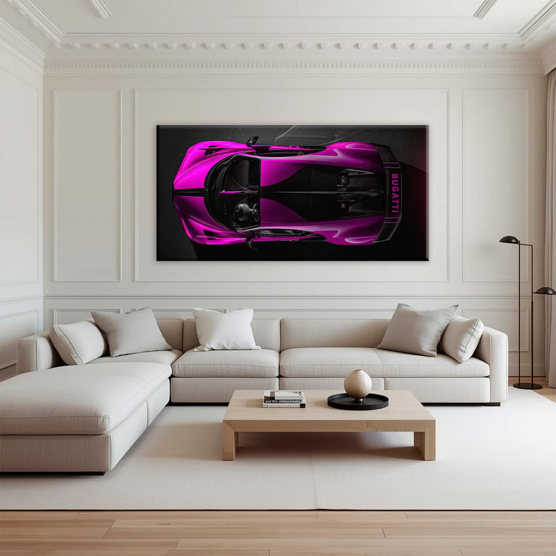Bugatti Magenta Strike Wall Art – Pink Top View Hypercar Canvas Print Cars
