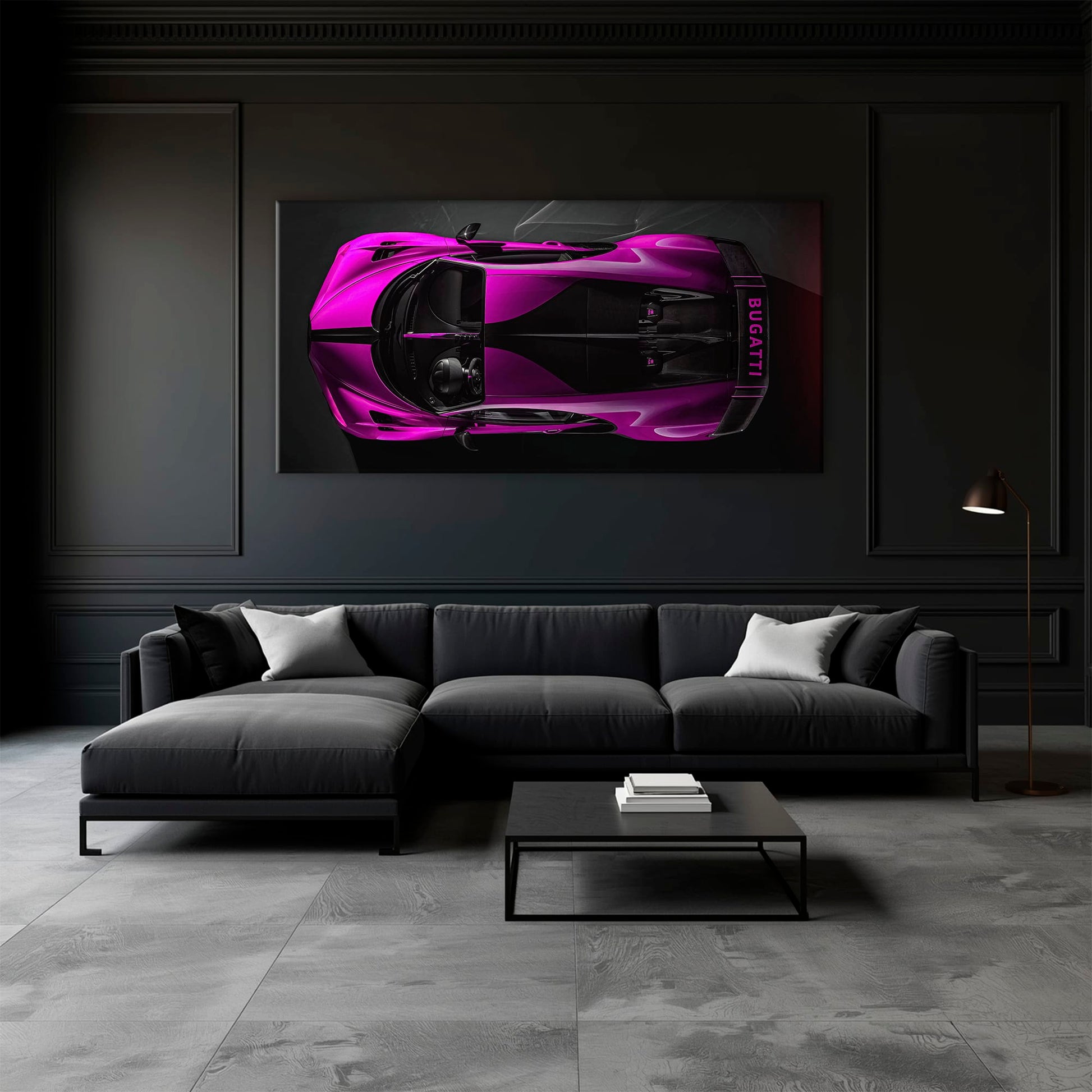 Bugatti Magenta Strike Wall Art – Pink Top View Hypercar Canvas Print Cars