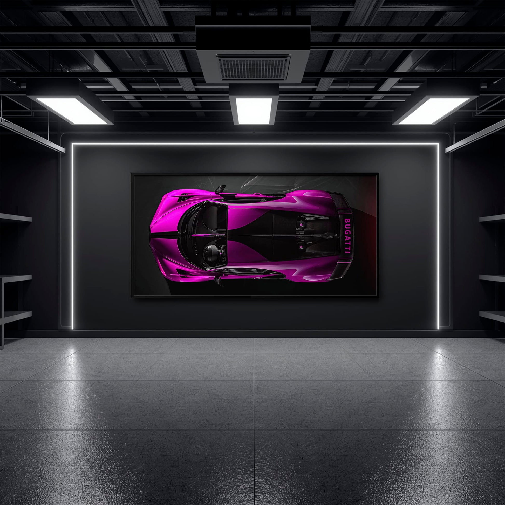Bugatti Magenta Strike Wall Art – Pink Top View Hypercar Canvas Print Cars