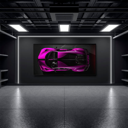Bugatti Magenta Strike Wall Art – Pink Top View Hypercar Canvas Print Cars