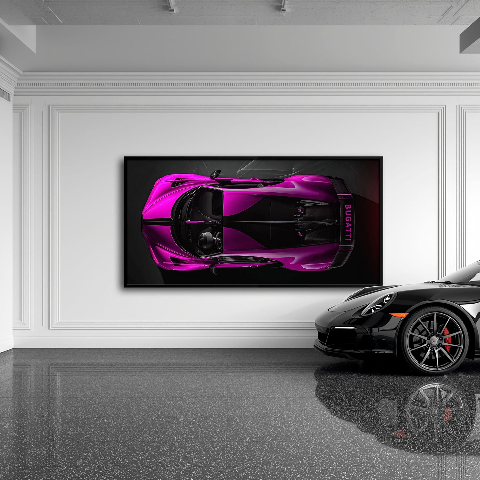 Bugatti Magenta Strike Wall Art – Pink Top View Hypercar Canvas Print Cars