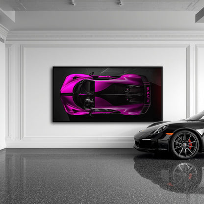 Bugatti Magenta Strike Wall Art – Pink Top View Hypercar Canvas Print Cars