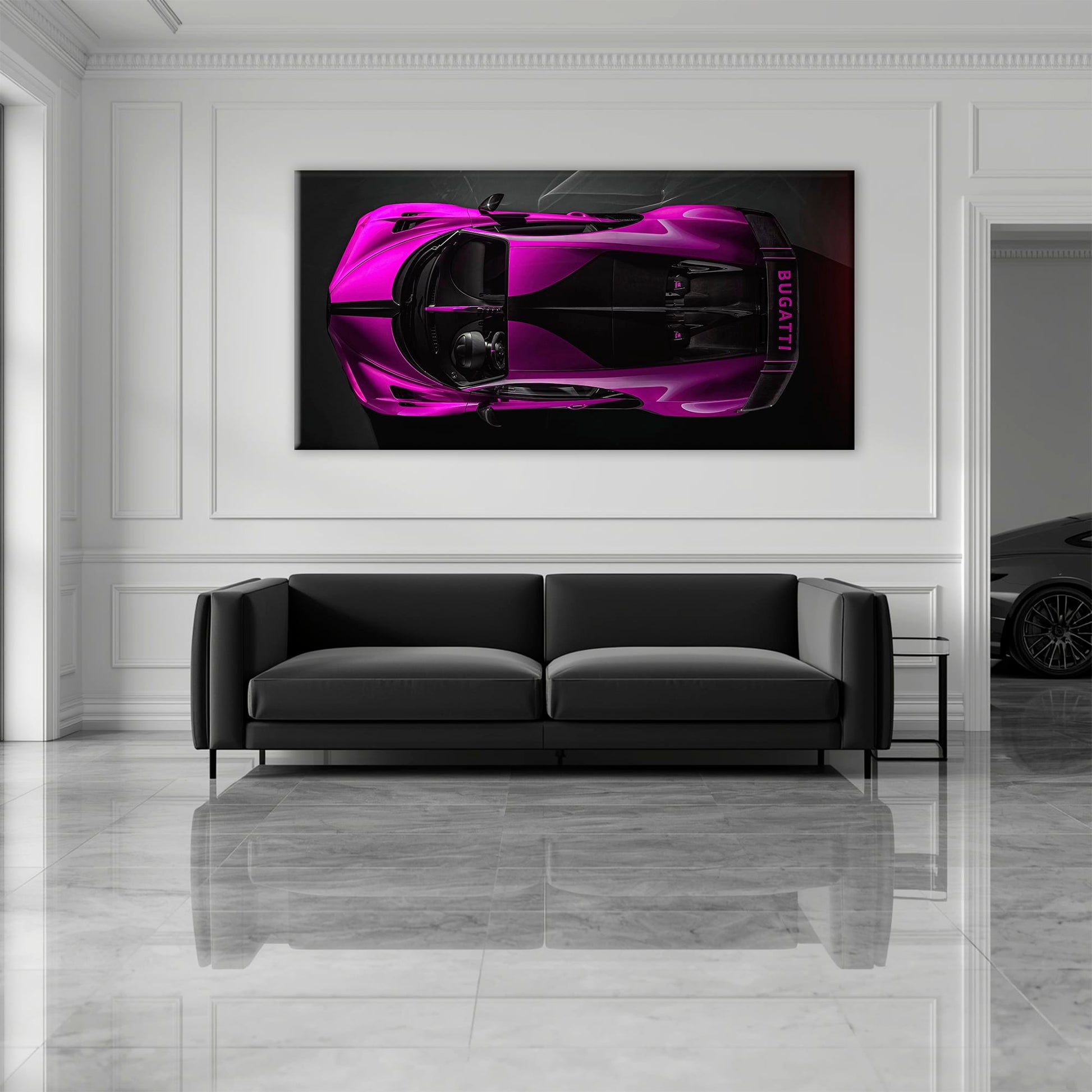 Bugatti Magenta Strike Wall Art – Pink Top View Hypercar Canvas Print Cars
