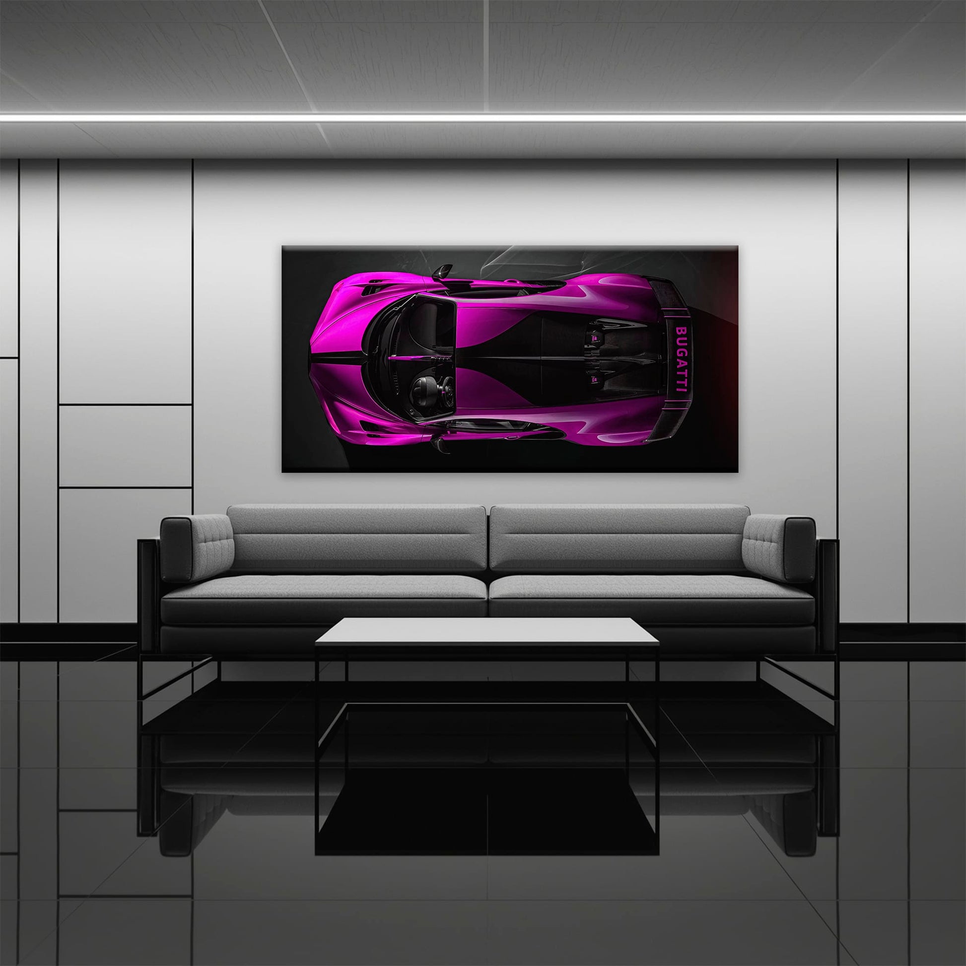 Bugatti Magenta Strike Wall Art – Pink Top View Hypercar Canvas Print Cars