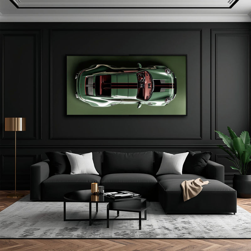 Green Porsche 911 Wall Art – Aerial View Sports Car Canvas Print Cars