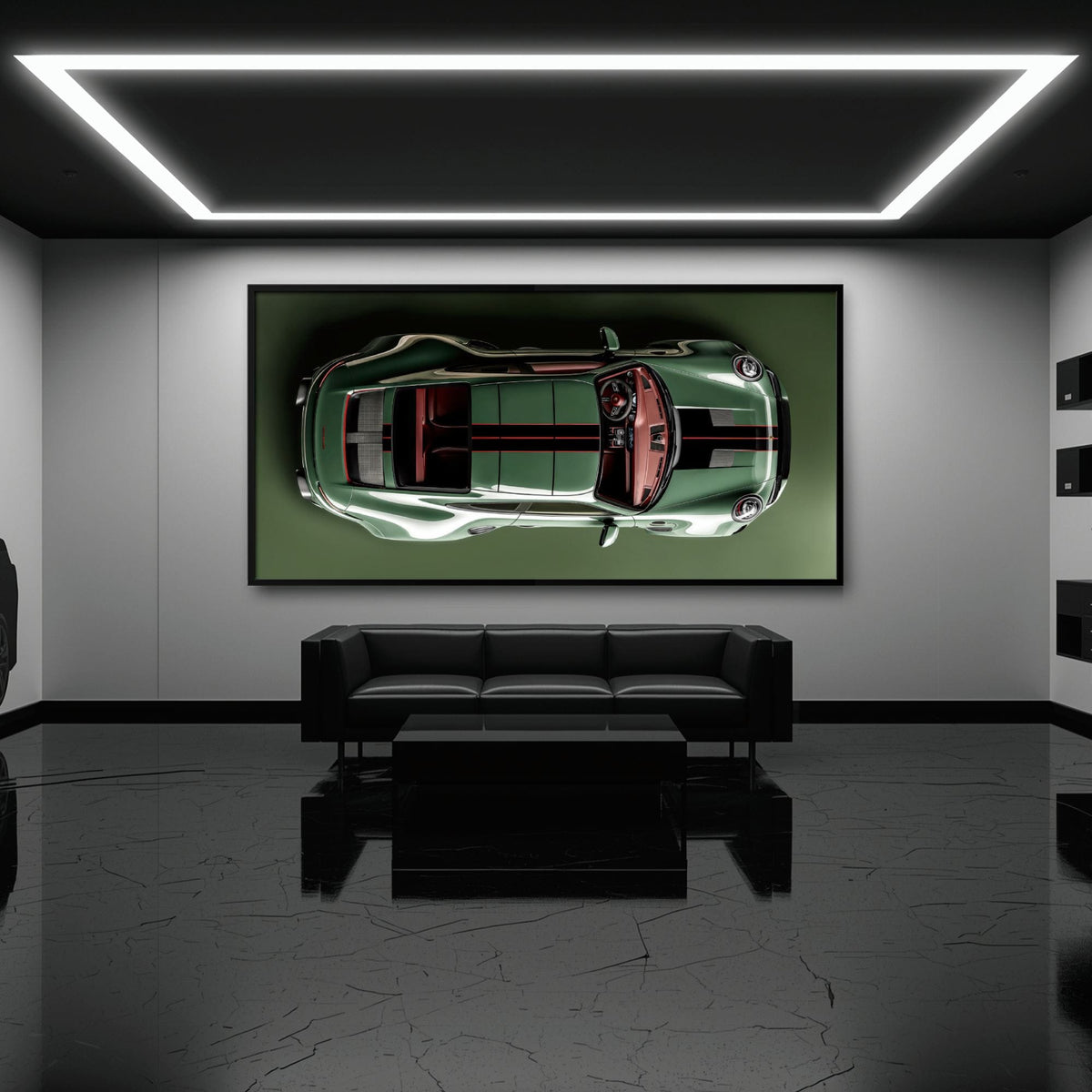 Green Porsche 911 Wall Art – Aerial View Sports Car Canvas Print Cars