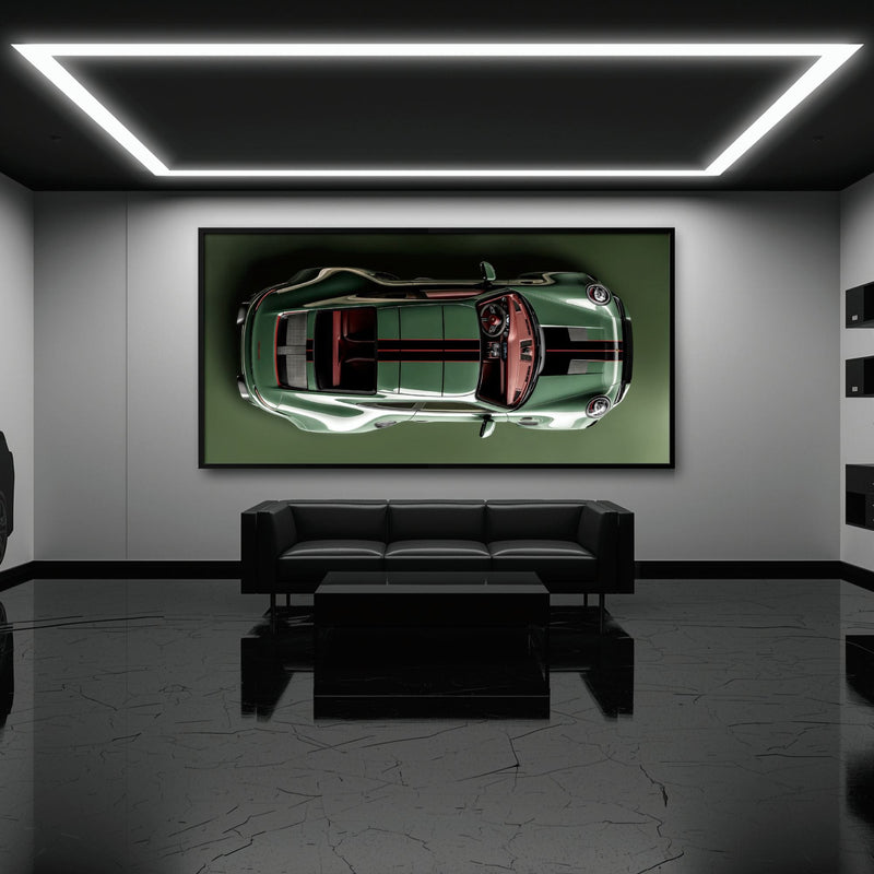 Green Porsche 911 Wall Art – Aerial View Sports Car Canvas Print Cars