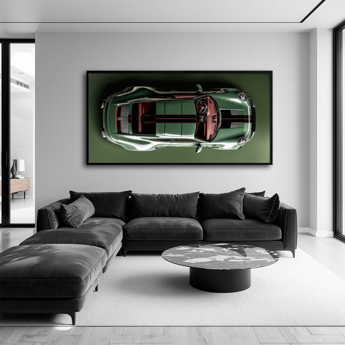Green Porsche 911 Wall Art – Aerial View Sports Car Canvas Print Cars