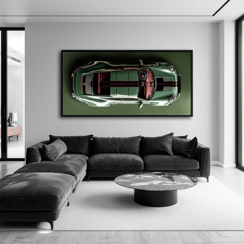 Green Porsche 911 Wall Art – Aerial View Sports Car Canvas Print Cars
