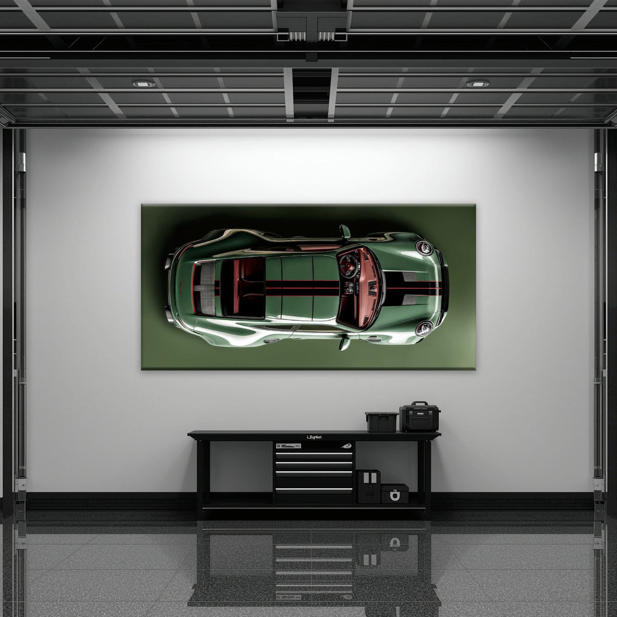 Green Porsche 911 Wall Art – Aerial View Sports Car Canvas Print Cars