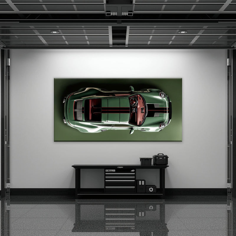 Green Porsche 911 Wall Art – Aerial View Sports Car Canvas Print Cars