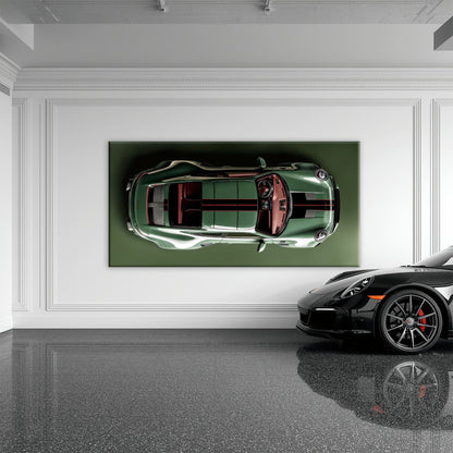 Green Porsche 911 Wall Art – Aerial View Sports Car Canvas Print Cars