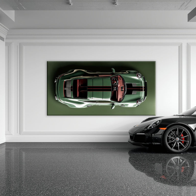 Green Porsche 911 Wall Art – Aerial View Sports Car Canvas Print Cars