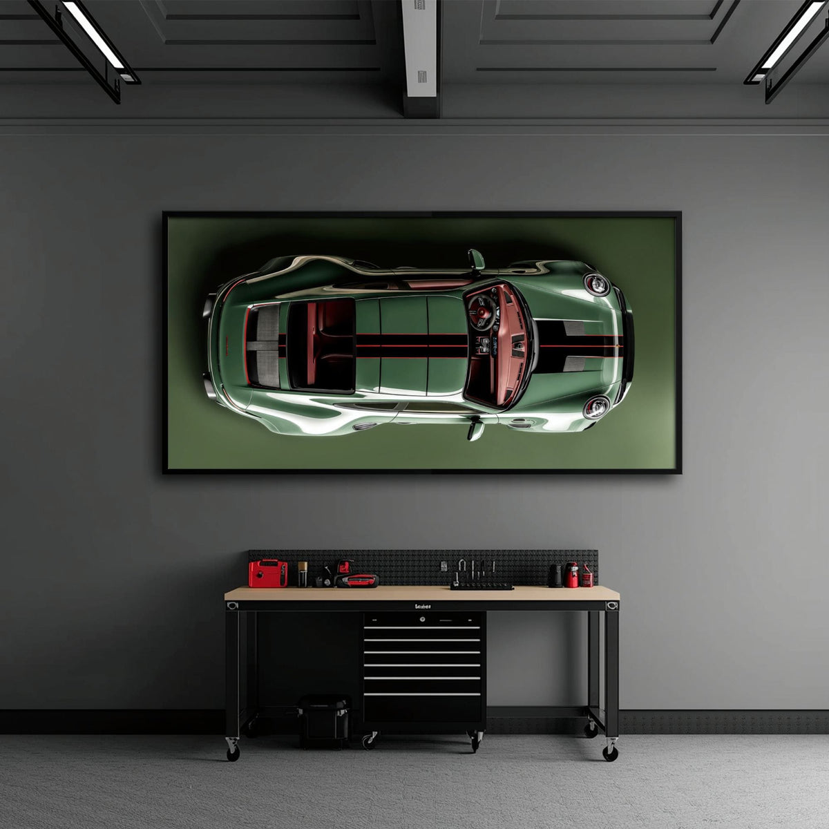Green Porsche 911 Wall Art – Aerial View Sports Car Canvas Print Cars
