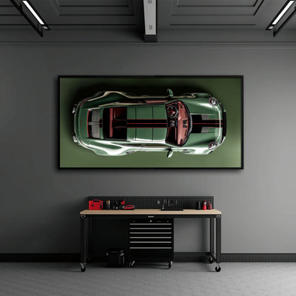Green Porsche 911 Wall Art – Aerial View Sports Car Canvas Print Cars