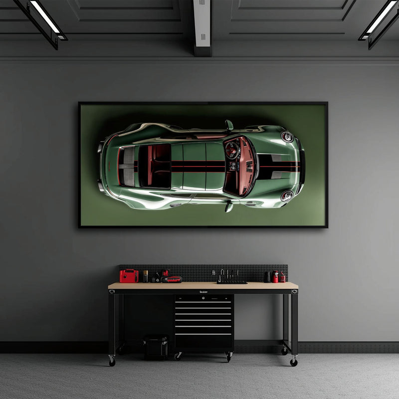 Green Porsche 911 Wall Art – Aerial View Sports Car Canvas Print Cars