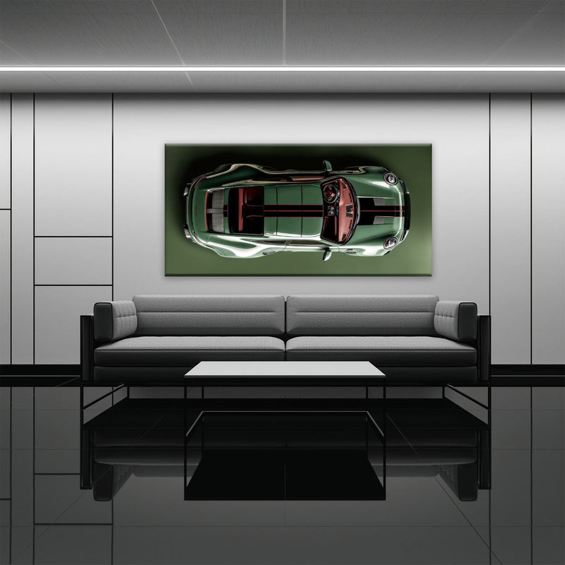 Green Porsche 911 Wall Art – Aerial View Sports Car Canvas Print Cars