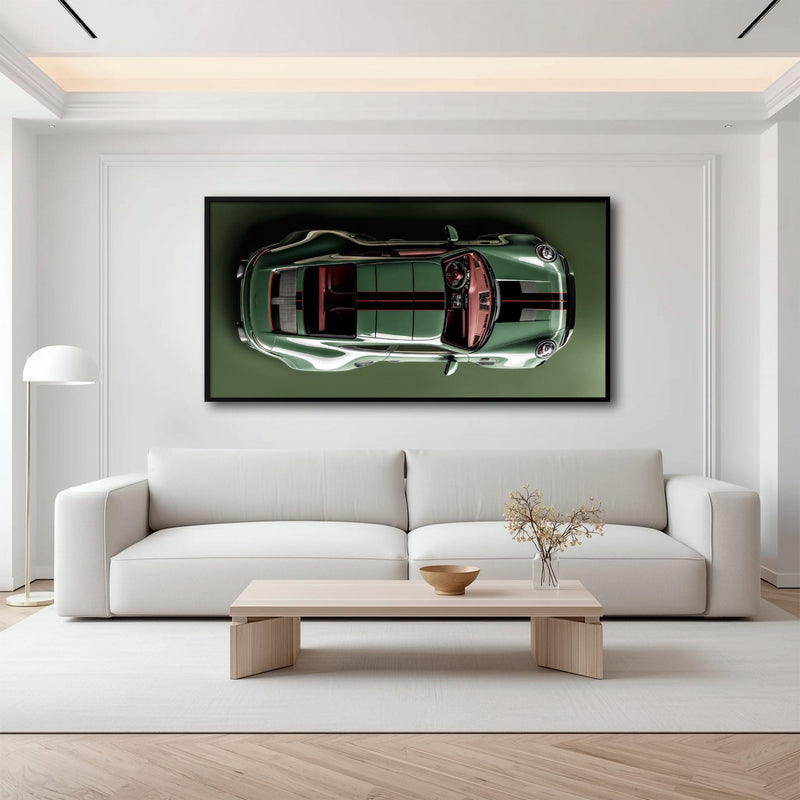 Green Porsche 911 Wall Art – Aerial View Sports Car Canvas Print Cars