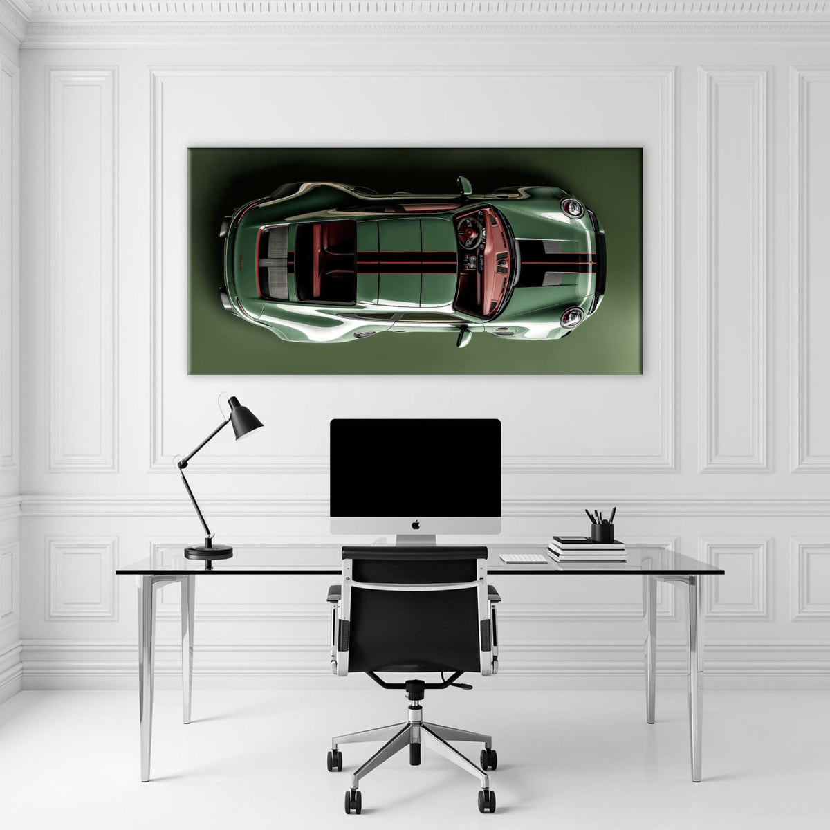 Green Porsche 911 Wall Art – Aerial View Sports Car Canvas Print Cars