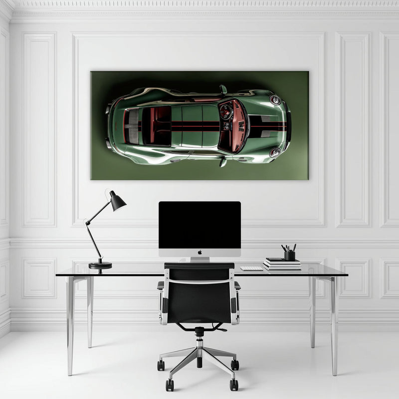 Green Porsche 911 Wall Art – Aerial View Sports Car Canvas Print Cars