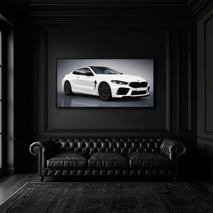 BMW M8 Competition Wall Art – White Sports Car Canvas -Garage Decor Cars
