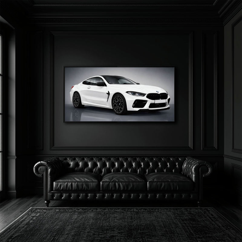 BMW M8 Competition Wall Art – White Sports Car Canvas -Garage Decor Cars