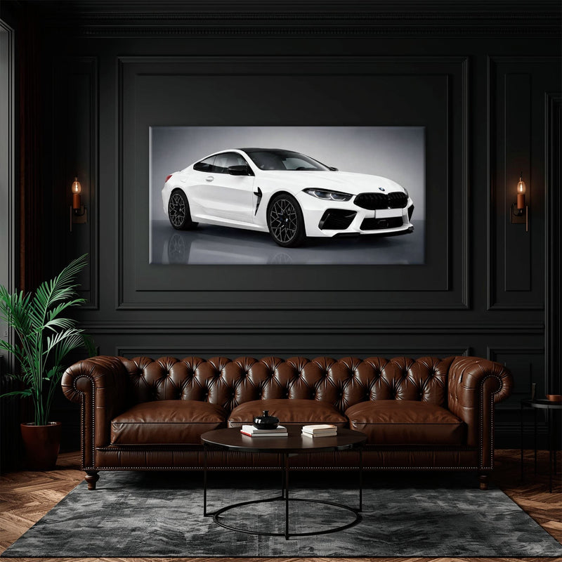 BMW M8 Competition Wall Art – White Sports Car Canvas -Garage Decor Cars