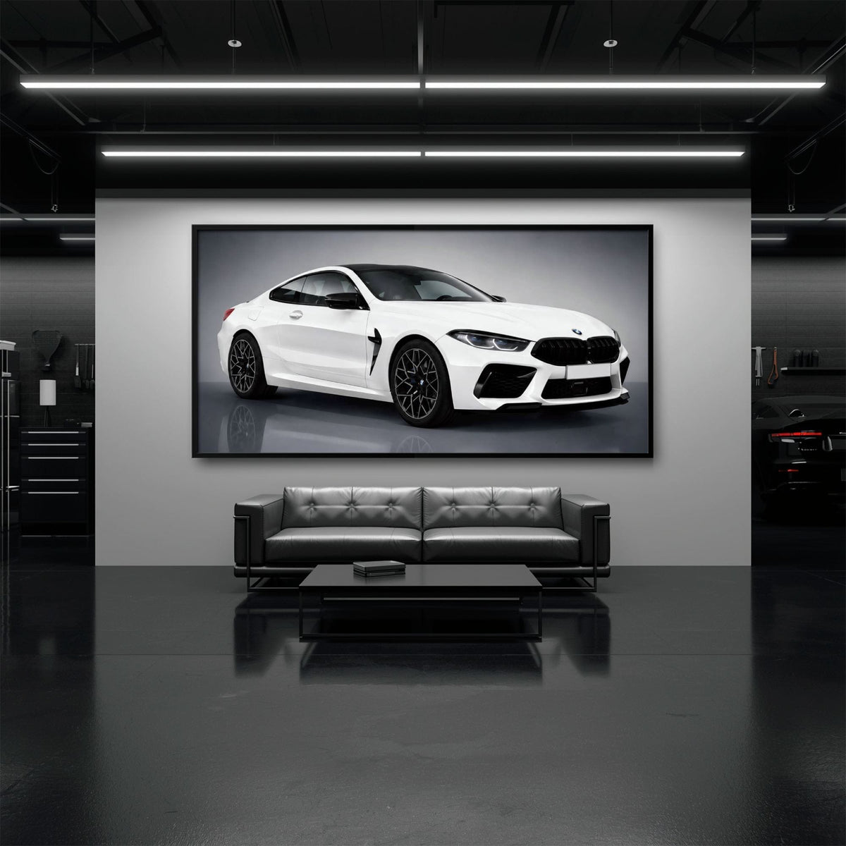 BMW M8 Competition Wall Art – White Sports Car Canvas -Garage Decor Cars